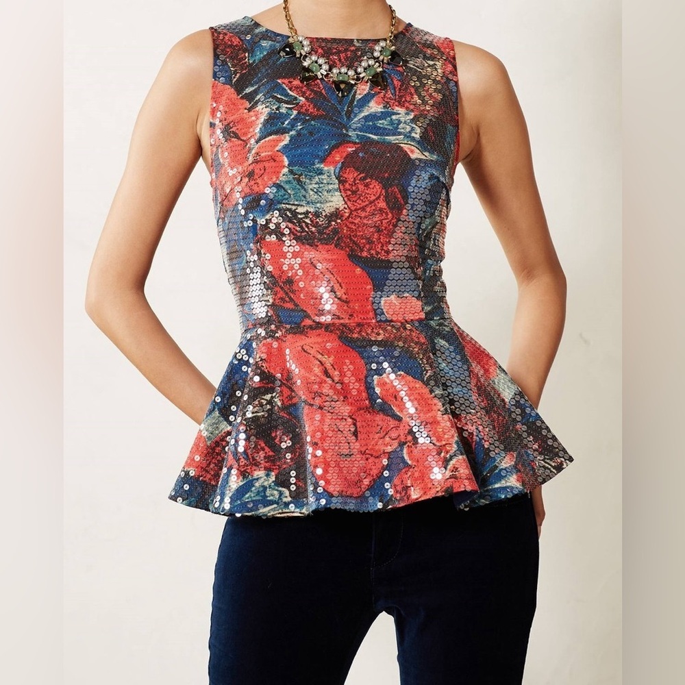Anthropologie Wolven‎ Sugared Fleur Peplum Top Red Motif Nwot